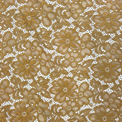 beige gold metallic lace floral fabric|Gold.